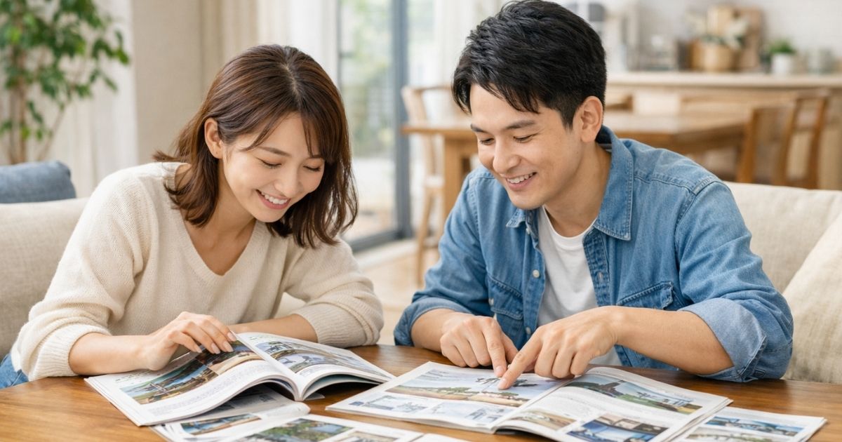 30代の日本人夫婦が担当者と一緒に地図や土地の資料を広げて話し合っているシーン