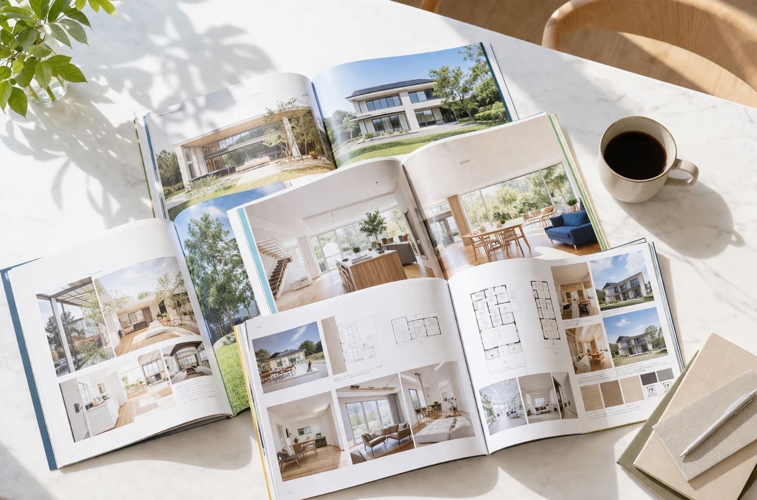 複数のハウスメーカーカタログを比較するイメージ