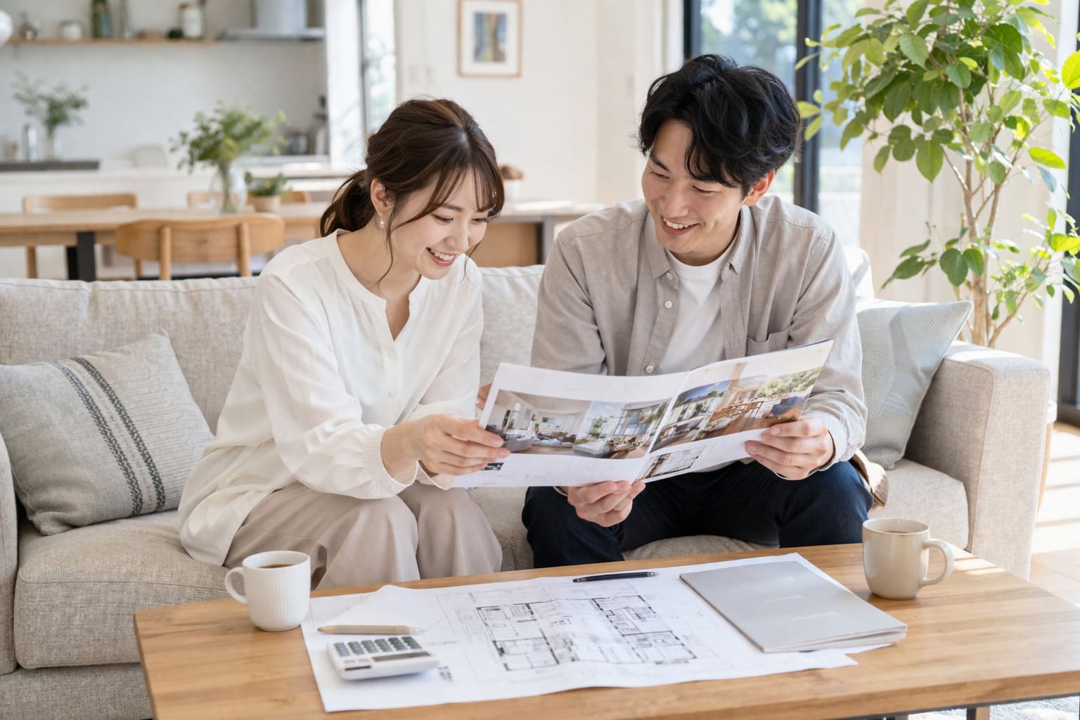 夫婦がリビングでカタログを確認する様子