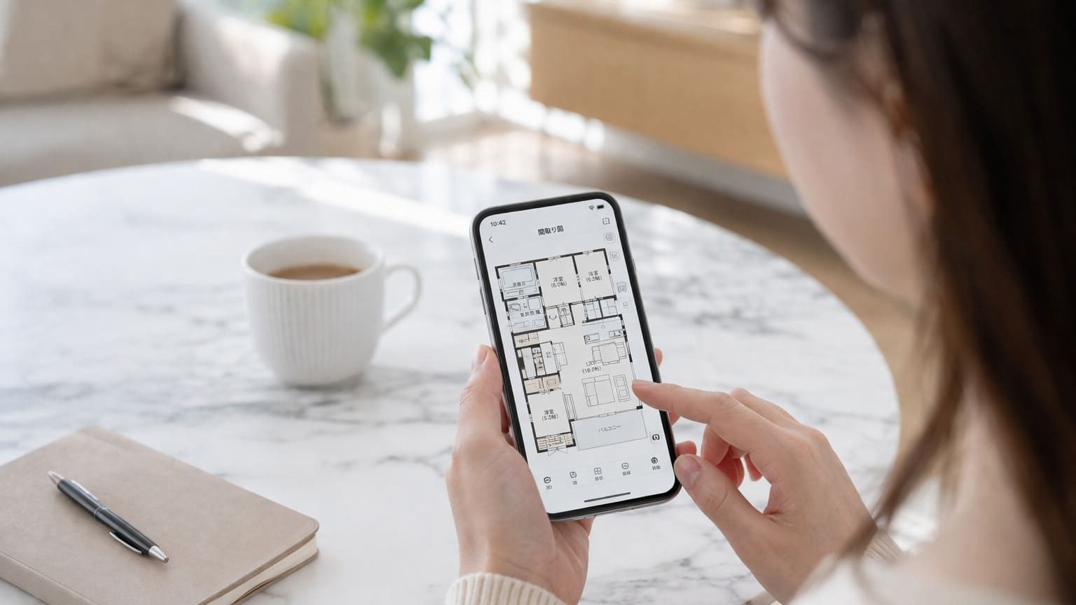 スマホで間取りプランを確認するイメージ