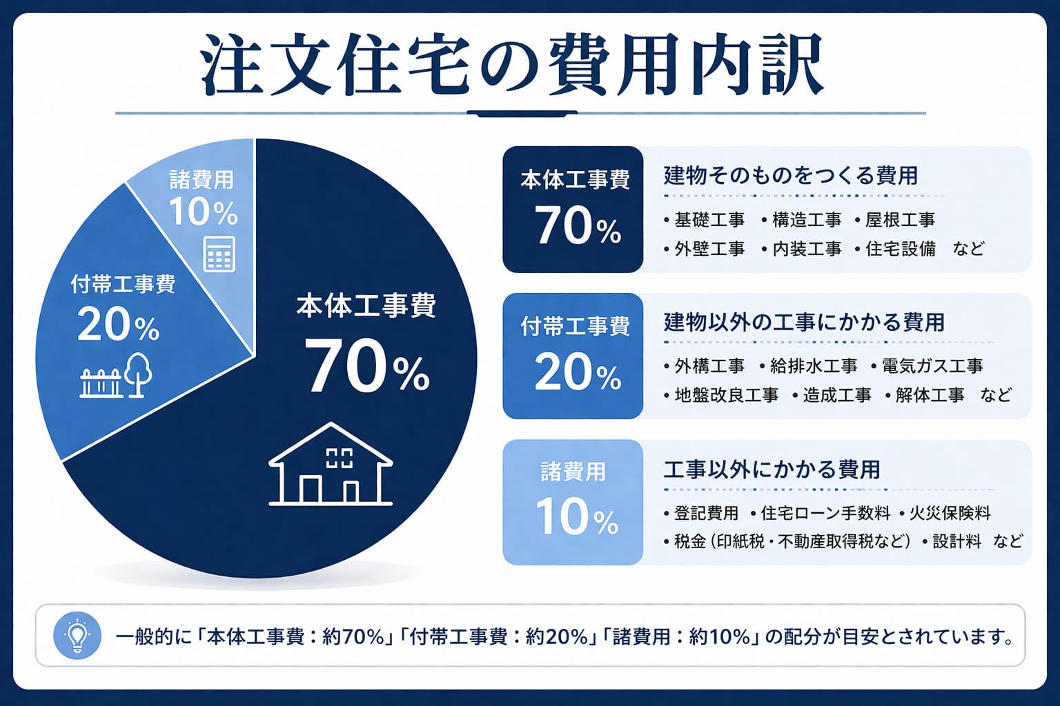 注文住宅の費用内訳を示す円グラフ(本体工事費70%・付帯工事費20%・諸費用10%)