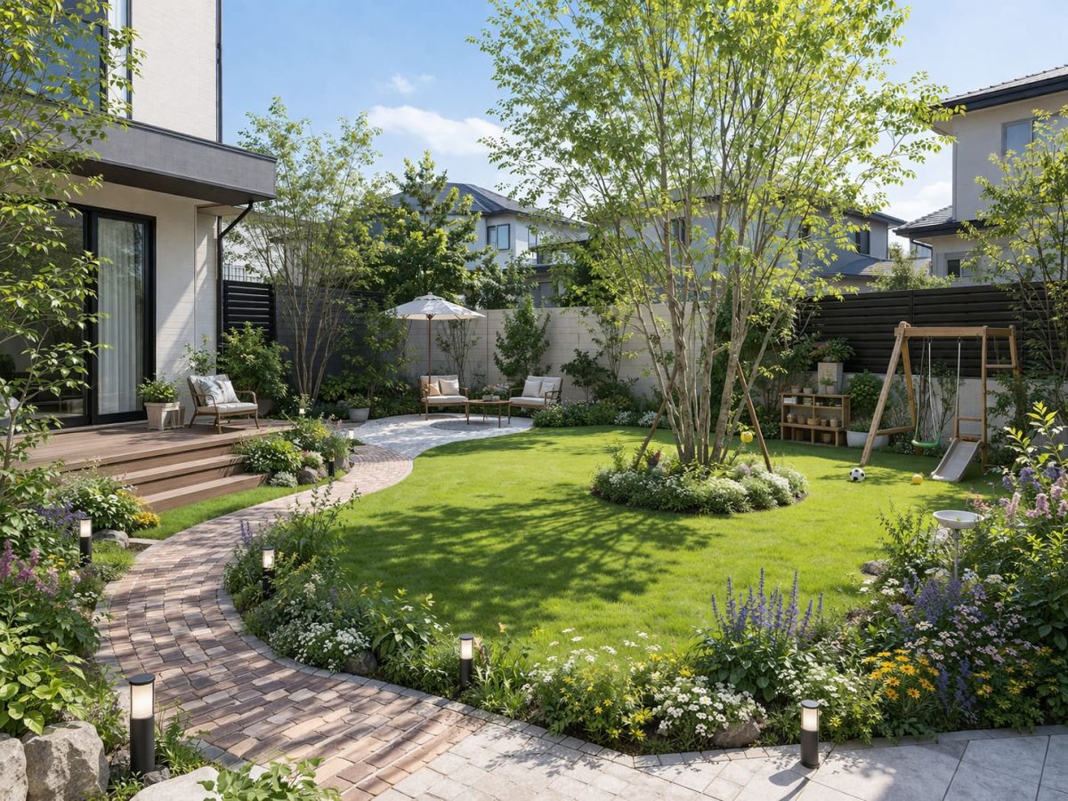 芝生とシンボルツリーのある注文住宅の庭