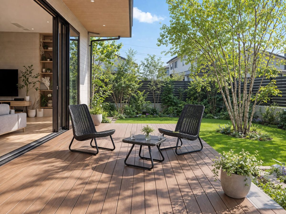 リビングからフラットに続く注文住宅のウッドデッキテラス