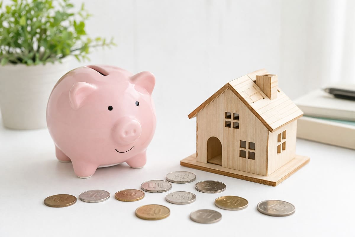 貯金箱と家の模型・コスト削減イメージ