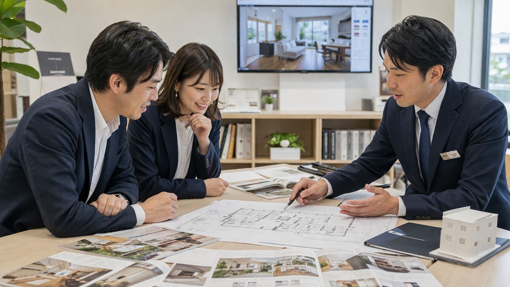 リフォーム会社の担当者と打ち合わせをする夫婦