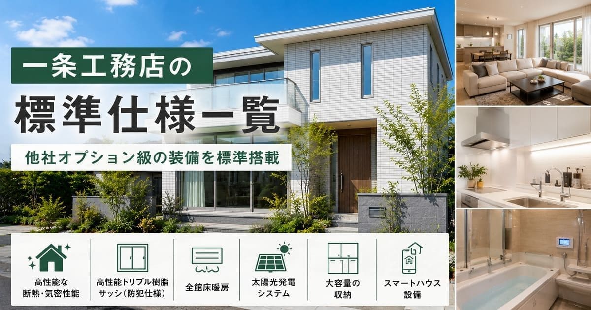 一条工務店の標準仕様を最新版で徹底解説。業界トップクラスの断熱・気密性能、全館床暖房、ハイドロテクトタイル外壁、トリプル樹脂サッシなど「家は性能」を体現する標準装備を項目別に紹介。4社を比較した筆者が他社との違いも解説します。