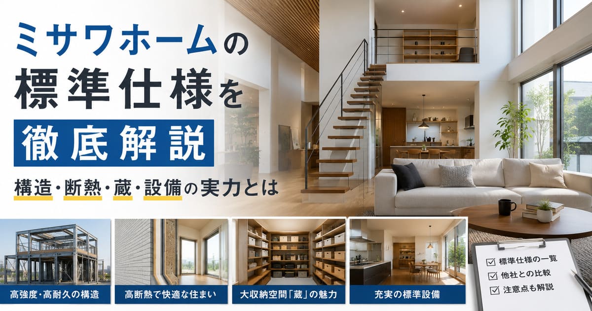 ミサワホームの標準仕様を最新版で徹底解説。木質パネル接着工法やMGEO制震、収納が3倍になる「蔵のある家」、断熱・キッチン・外壁の標準装備まで項目別に紹介。実際にミサワホームに相談した筆者が、強みと注意点もわかりやすく解説します。